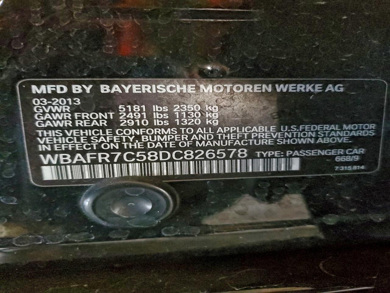 2013 BMW 535 I VIN: WBAFR7C58DC826578 Lot: 94696655