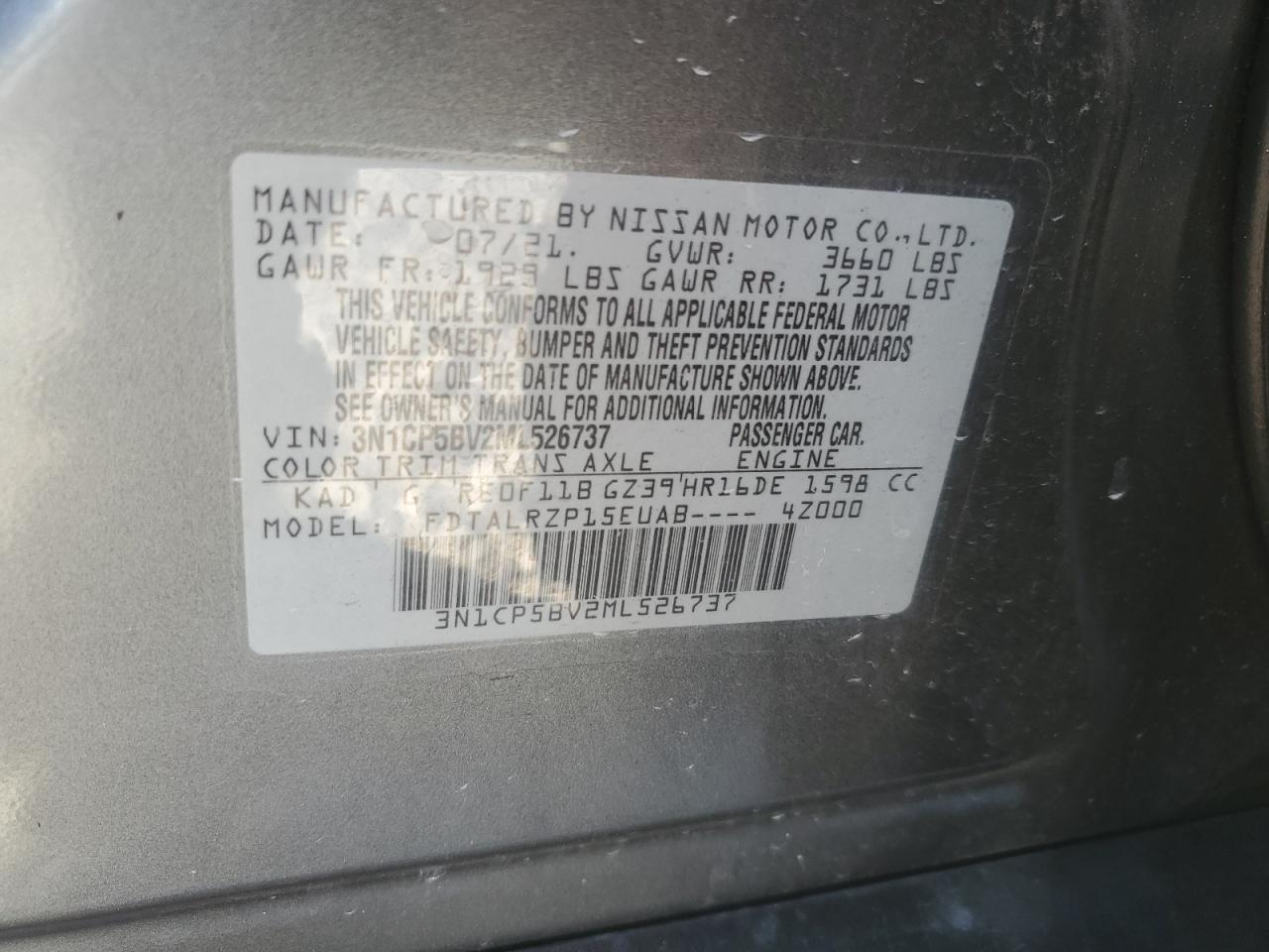 2021 Nissan Kicks S VIN: 3N1CP5BV2ML526737 Lot: 93396535