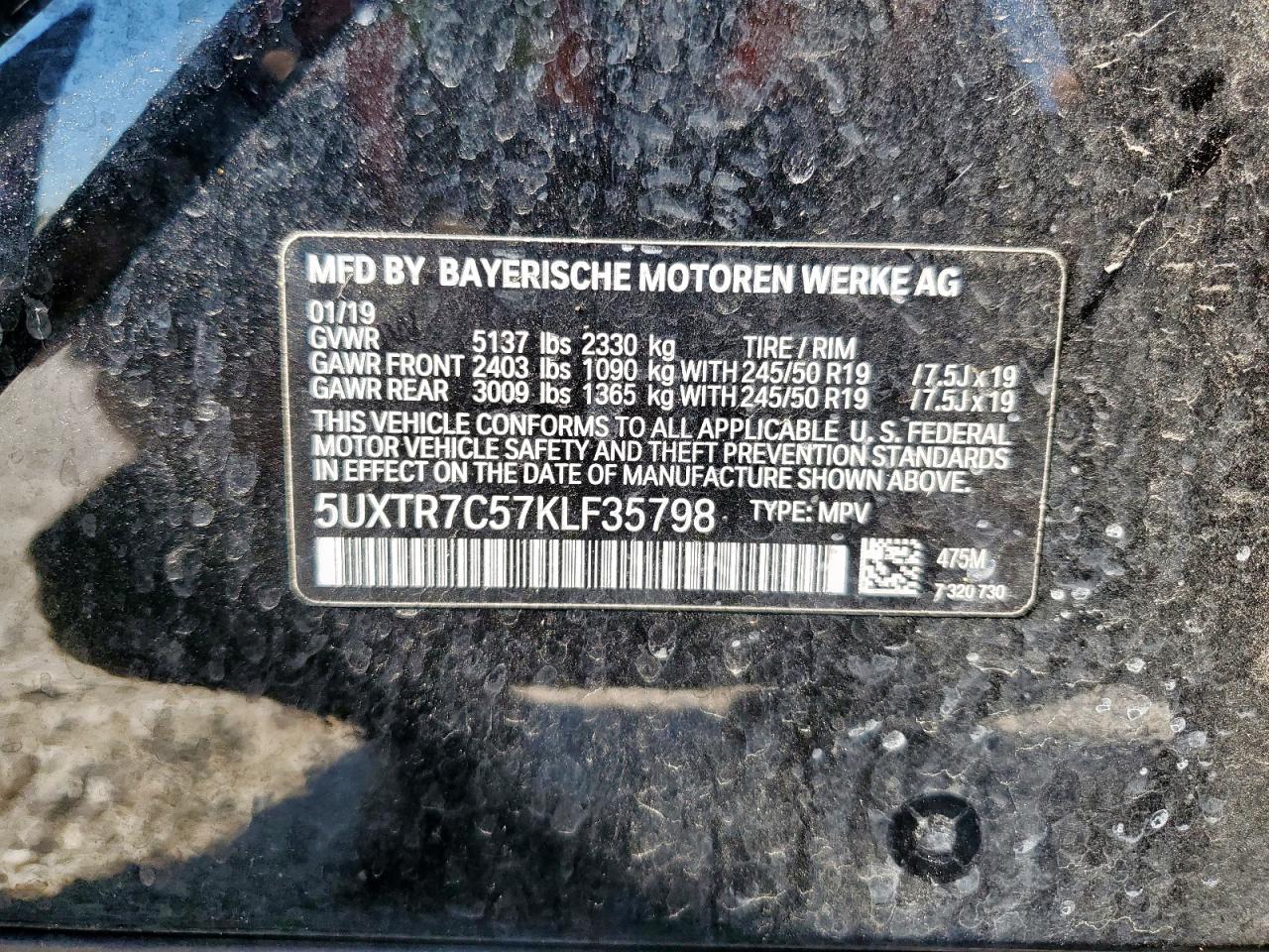 2019 BMW X3 Sdrive30I VIN: 5UXTR7C57KLF35798 Lot: 91237355