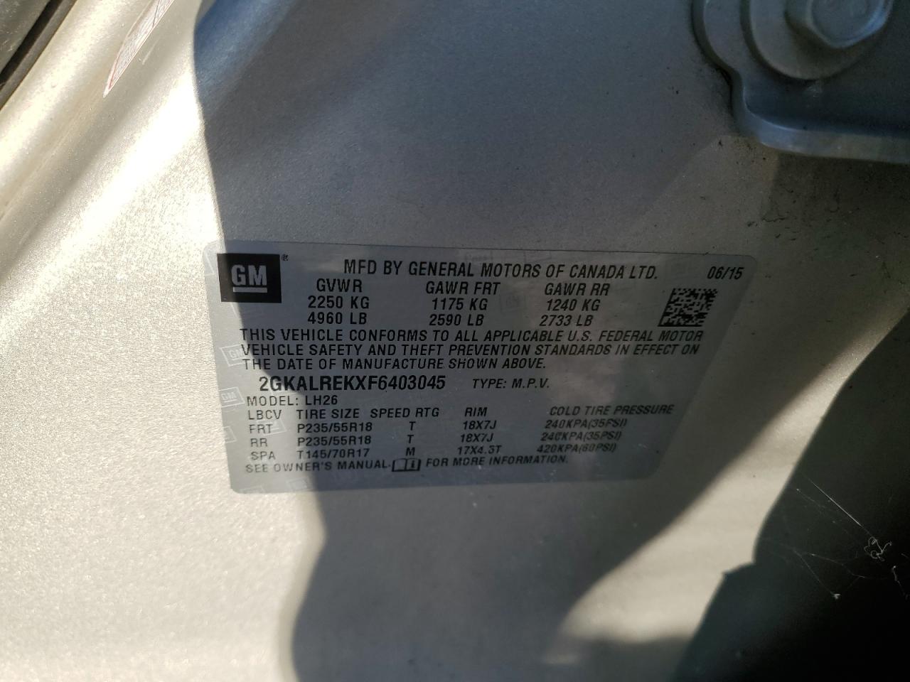 2015 GMC Terrain Sle VIN: 2GKALREKXF6403045 Lot: 93342385