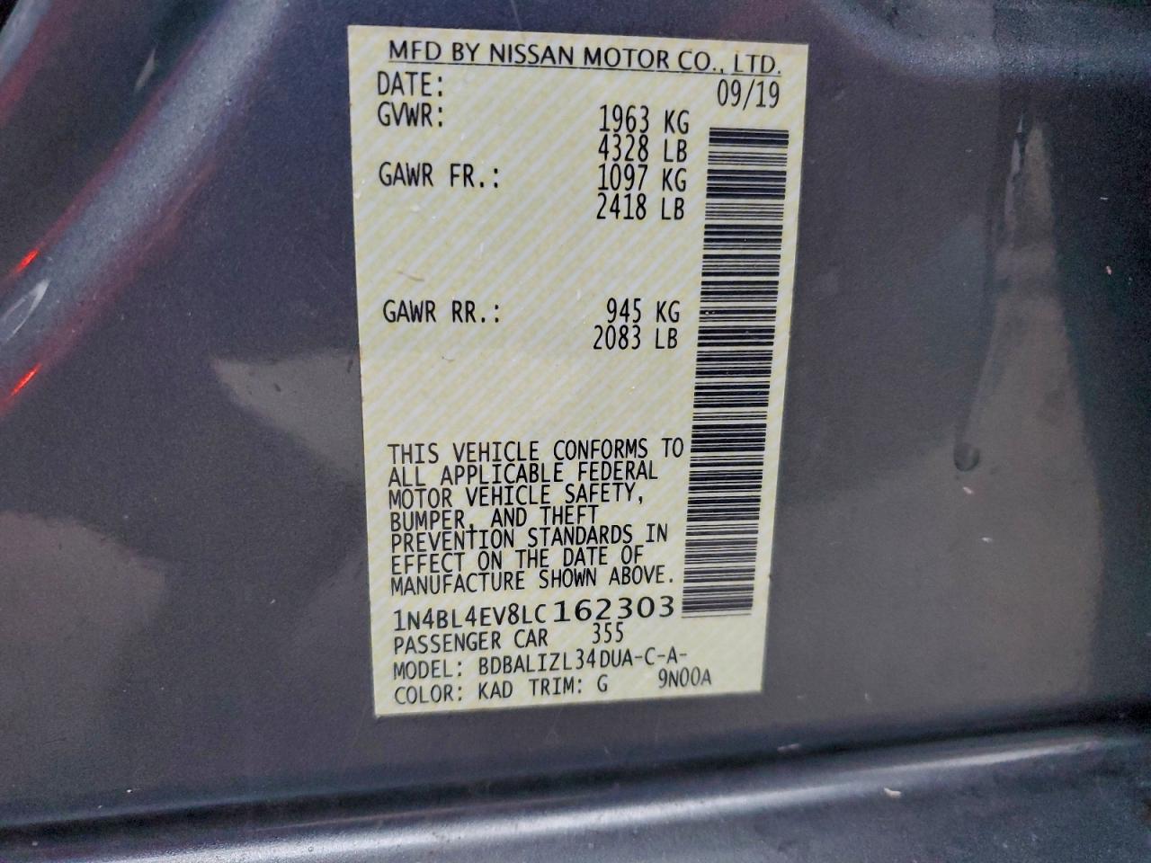 2020 Nissan Altima Sl VIN: 1N4BL4EV8LC162303 Lot: 93320605