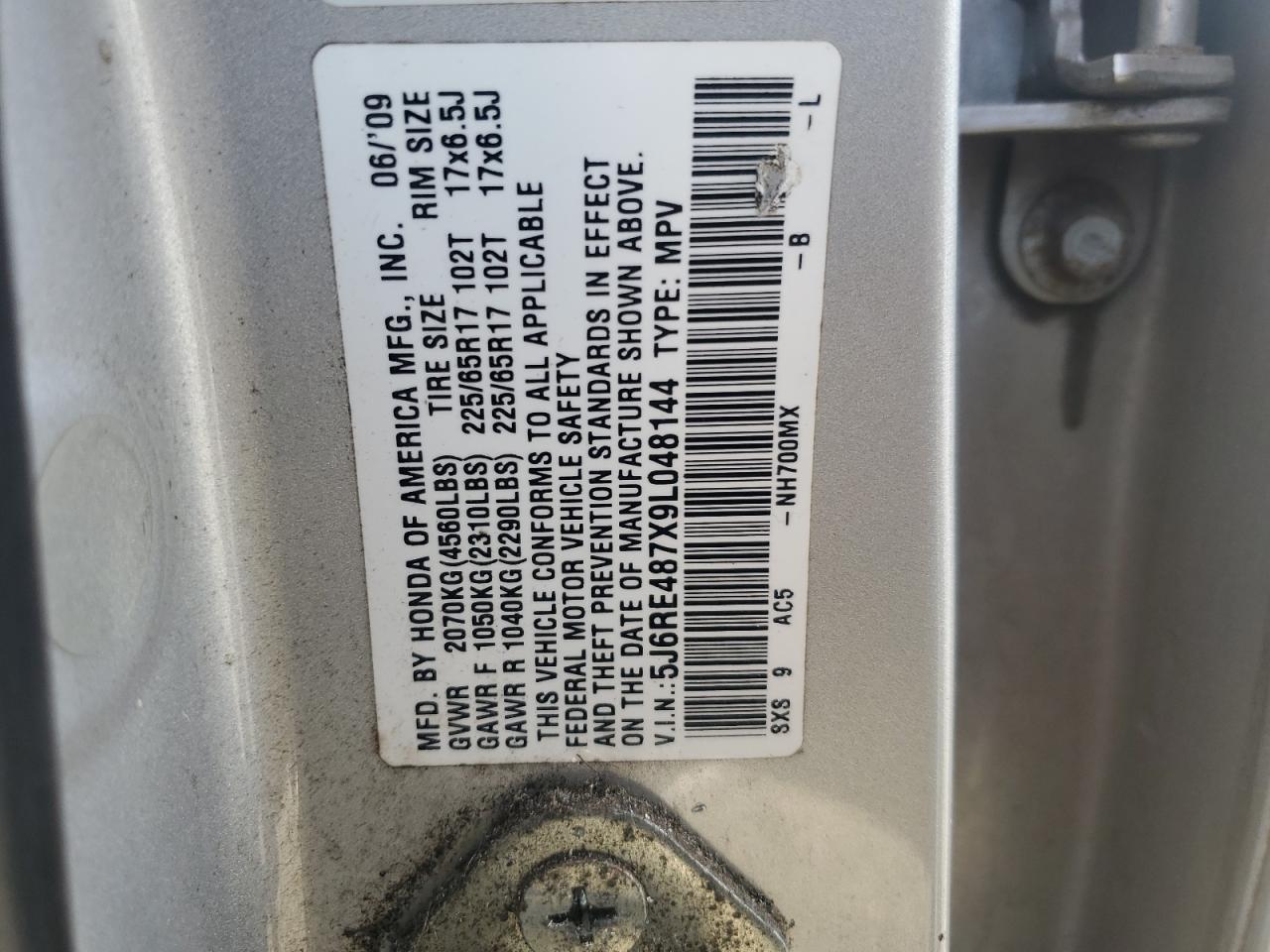 2009 Honda Cr-V Exl VIN: 5J6RE487X9L048144 Lot: 91793425