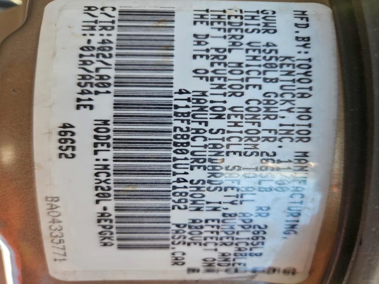 2001 Toyota Avalon Xl VIN: 4T1BF28B01U141892 Lot: 94788575