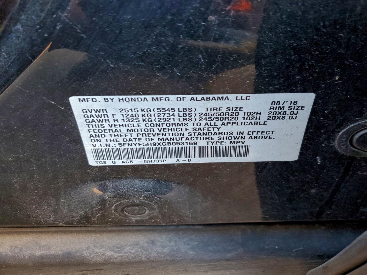 2016 Honda Pilot Touring VIN: 5FNYF5H9XGB053169 Lot: 94457355