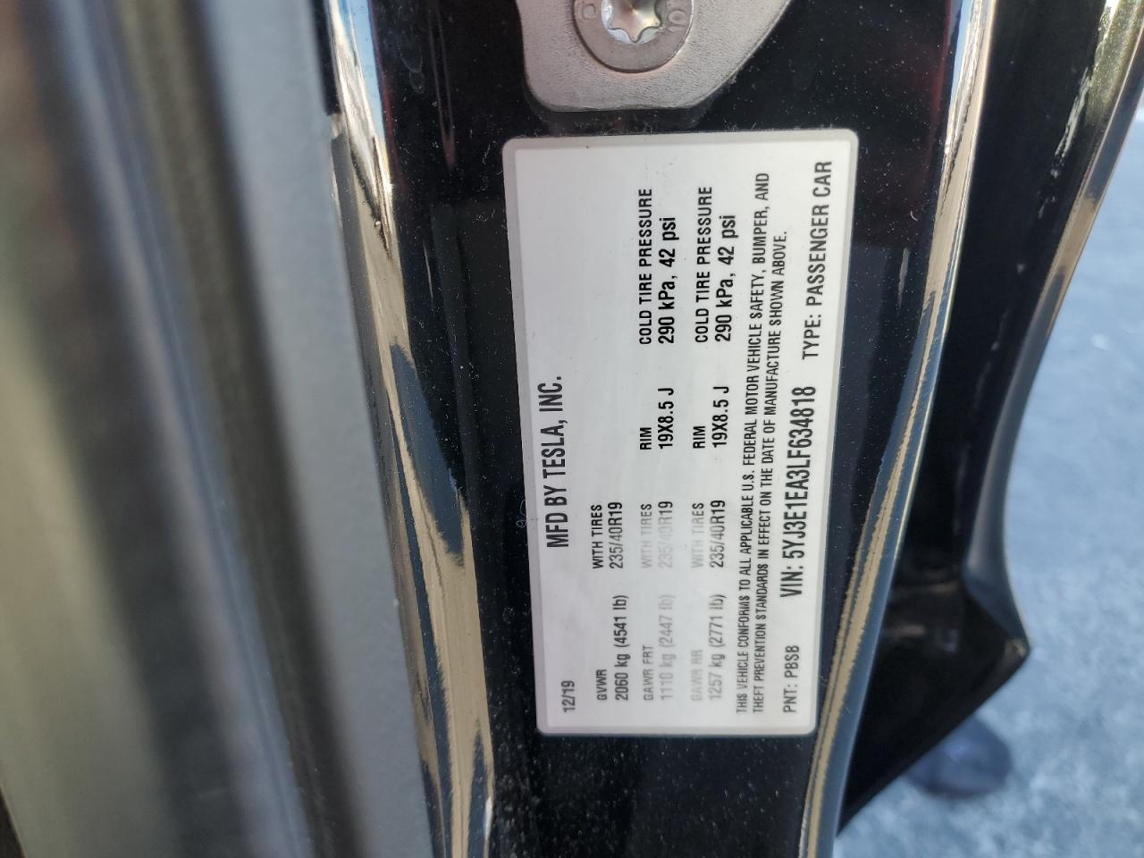 2020 Tesla Model 3 VIN: 5YJ3E1EA3LF634818 Lot: 87446415