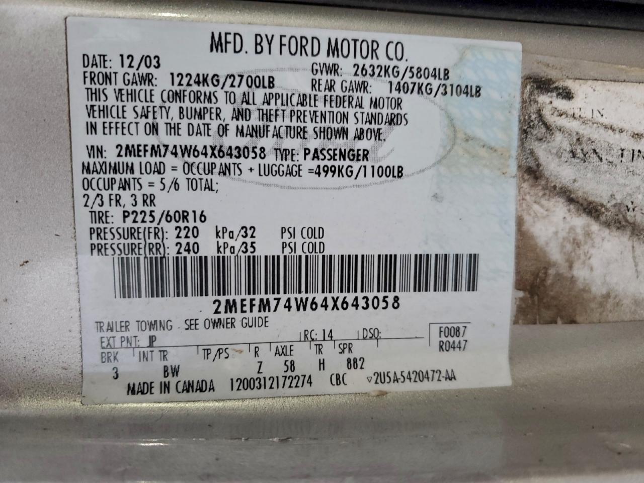 2004 Mercury Grand Marquis Gs VIN: 2MEFM74W64X643058 Lot: 93551865