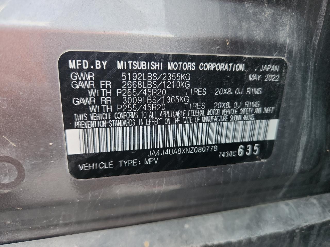 2022 Mitsubishi Outlander Se VIN: JA4J4UA8XNZ080778 Lot: 93280045