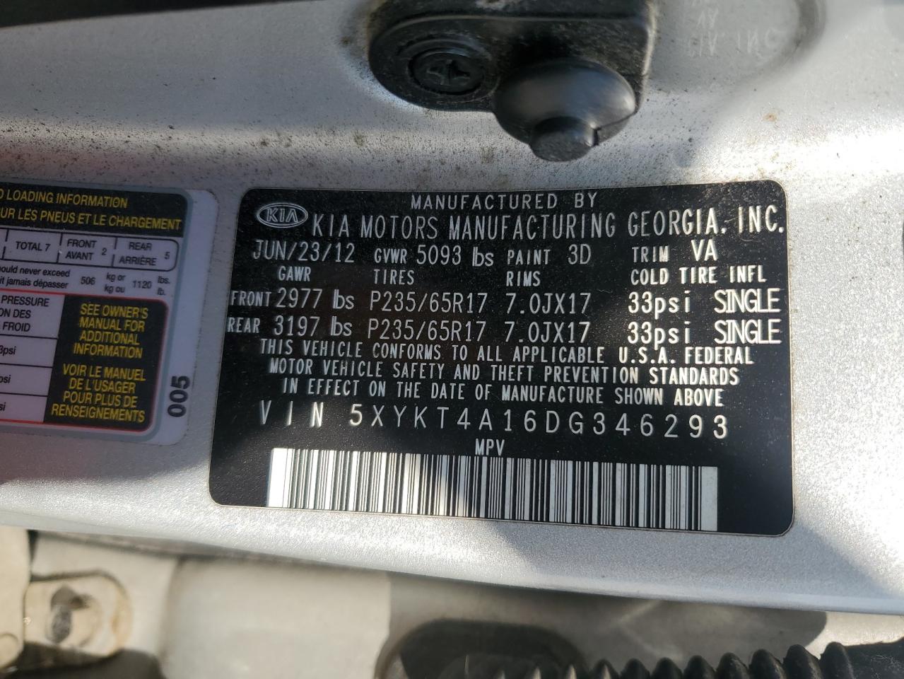 2013 Kia Sorento Lx VIN: 5XYKT4A16DG346293 Lot: 91829375