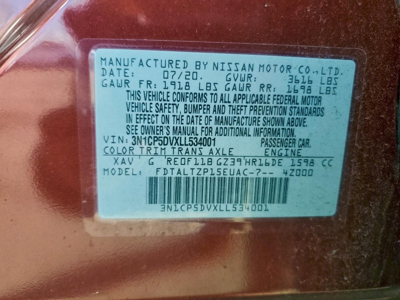 2020 Nissan Kicks Sr VIN: 3N1CP5DVXLL534001 Lot: 94289835