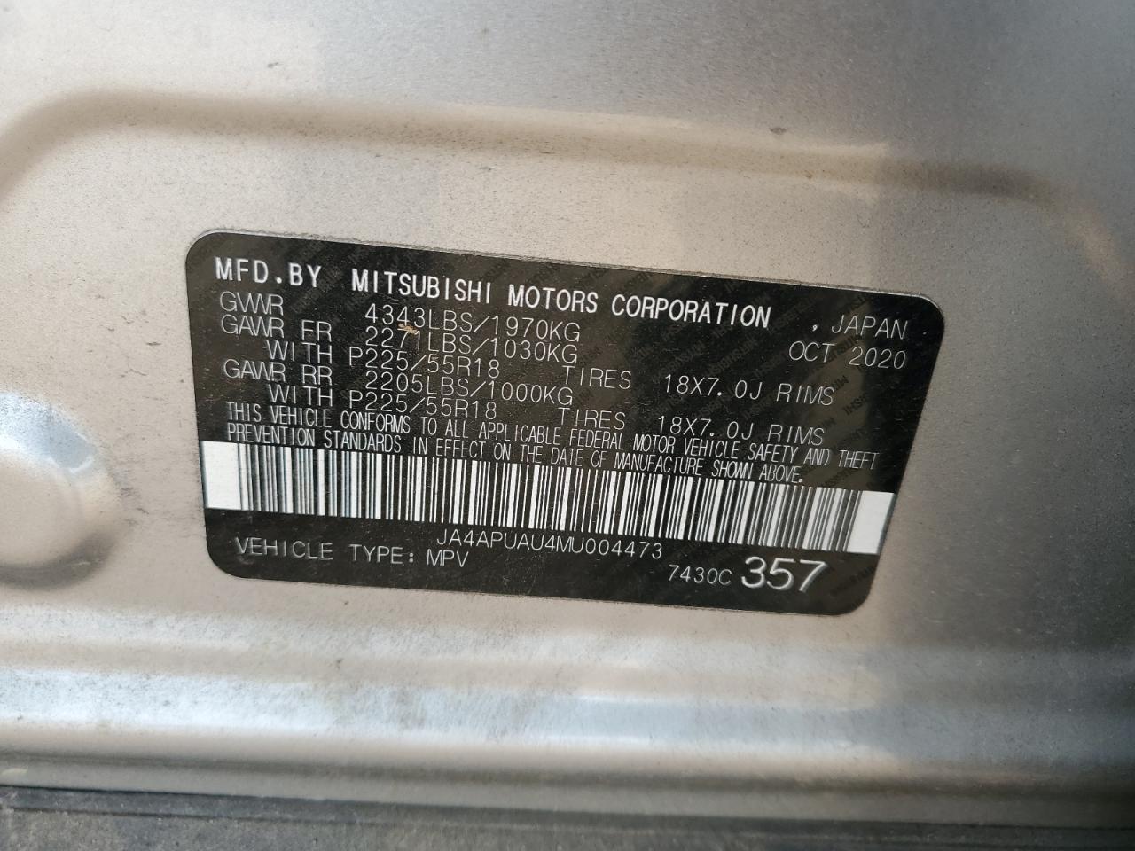 2021 Mitsubishi Outlander Sport Es VIN: JA4APUAU4MU004473 Lot: 92983555