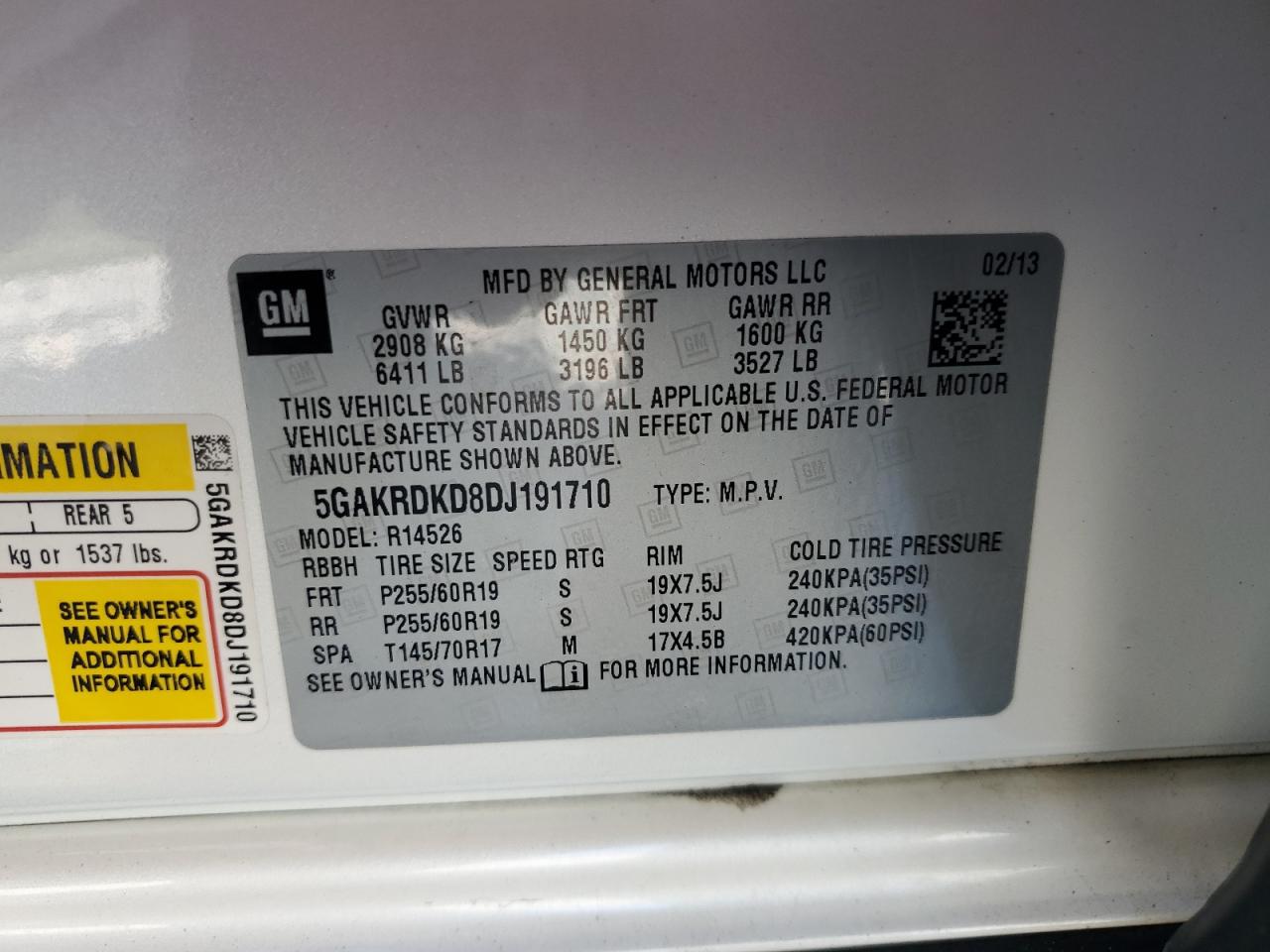 2013 Buick Enclave VIN: 5GAKRDKD8DJ191710 Lot: 91169005