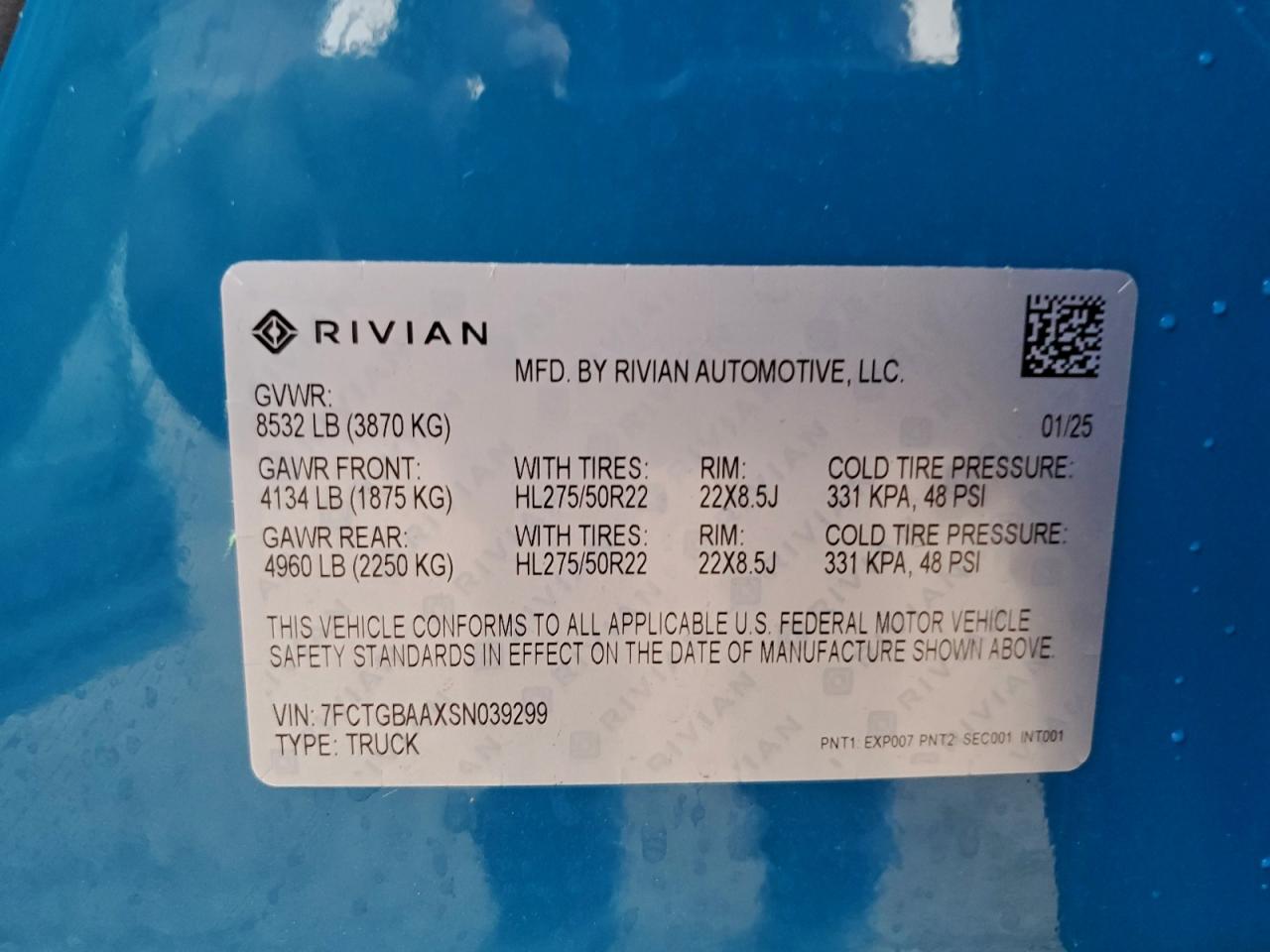 2025 Rivian R1T Adventure VIN: 7FCTGBAAXSN039299 Lot: 90844415
