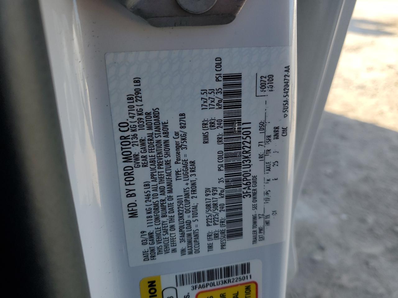 2019 Ford Fusion Se VIN: 3FA6P0LU3KR225011 Lot: 92200495