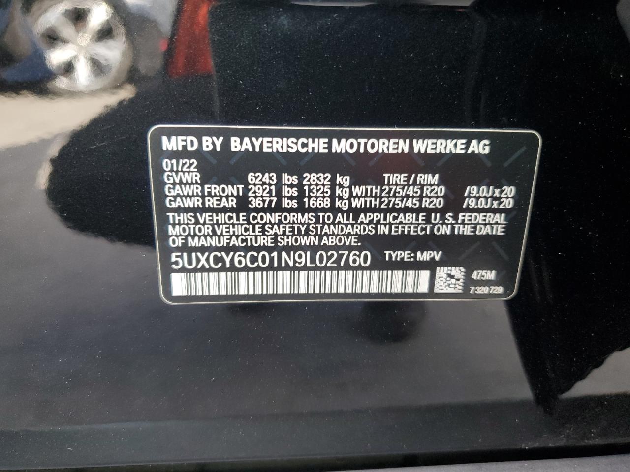 2022 BMW X6 xDrive40I VIN: 5UXCY6C01N9L02760 Lot: 93617885