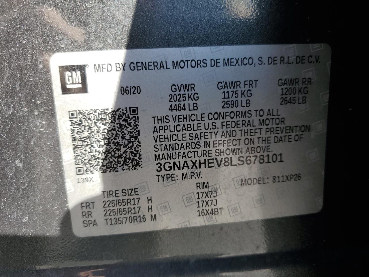 2020 Chevrolet Equinox Ls VIN: 3GNAXHEV8LS678101 Lot: 92059915