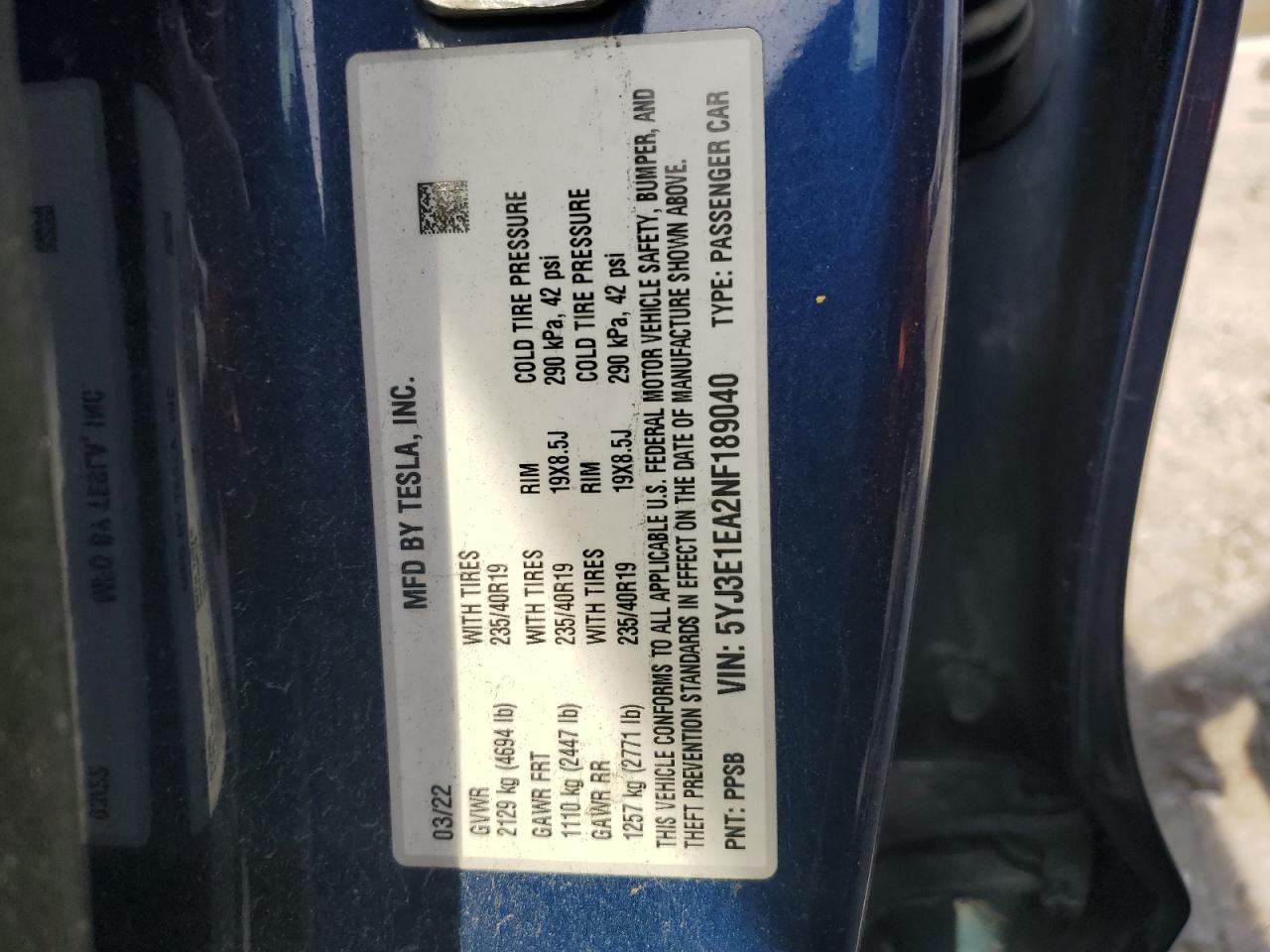 2022 Tesla Model 3 VIN: 5YJ3E1EA2NF189040 Lot: 90119725