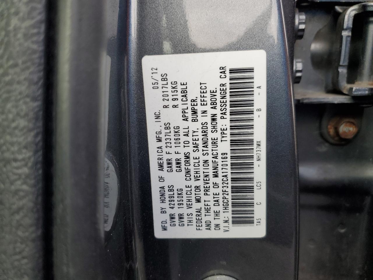 2012 Honda Accord Lx VIN: 1HGCP2F32CA170169 Lot: 93039085