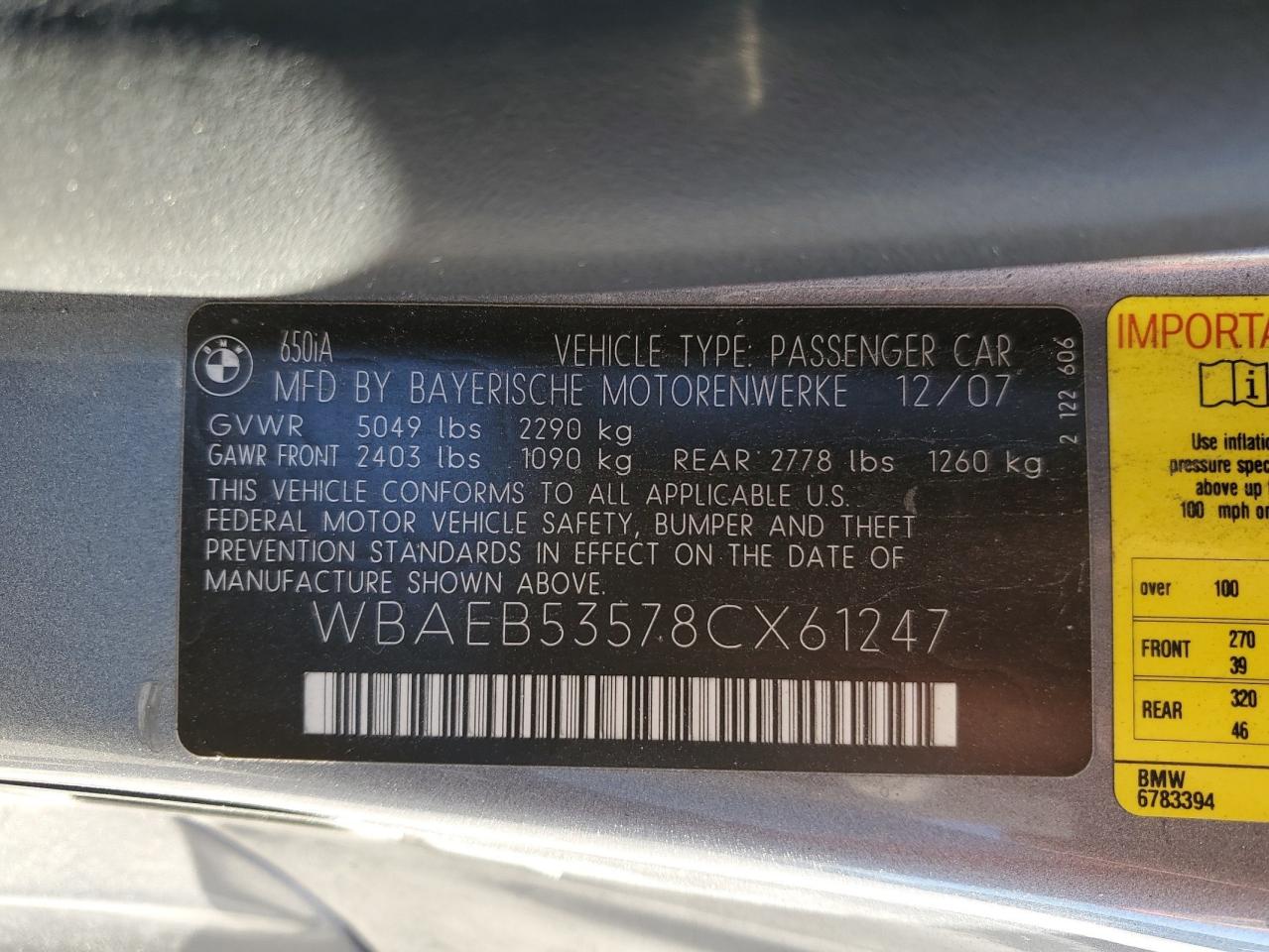 2008 BMW 650 I VIN: WBAEB53578CX61247 Lot: 92052035