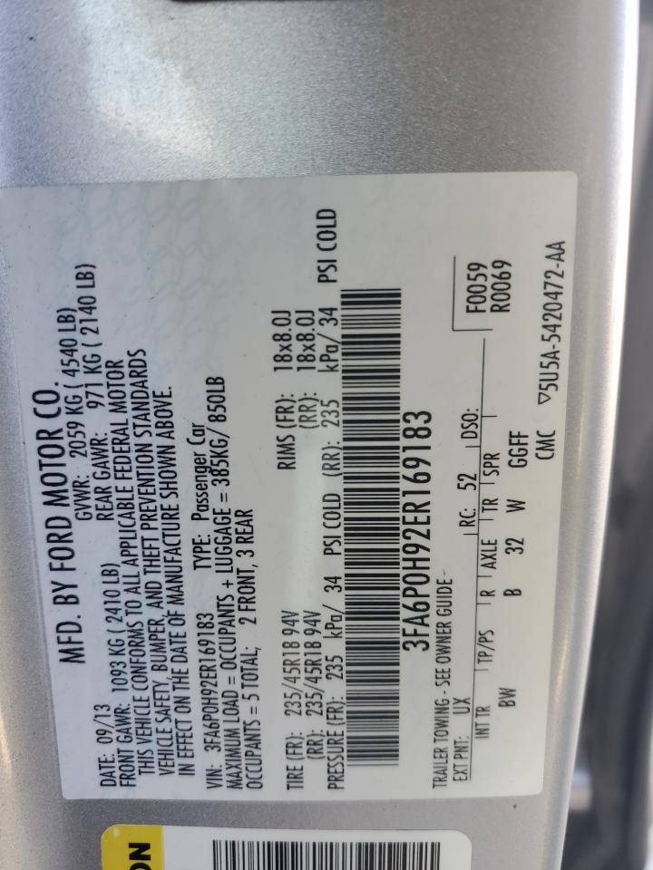 2014 Ford Fusion Se VIN: 3FA6P0H92ER169183 Lot: 91343145