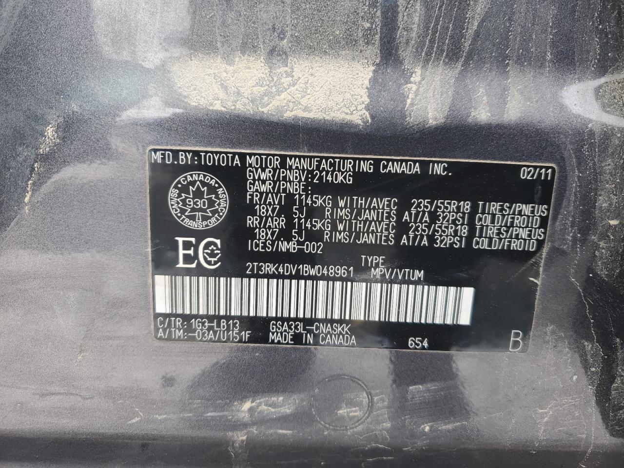 2011 Toyota Rav4 Sport VIN: 2T3RK4DV1BW048961 Lot: 92407305