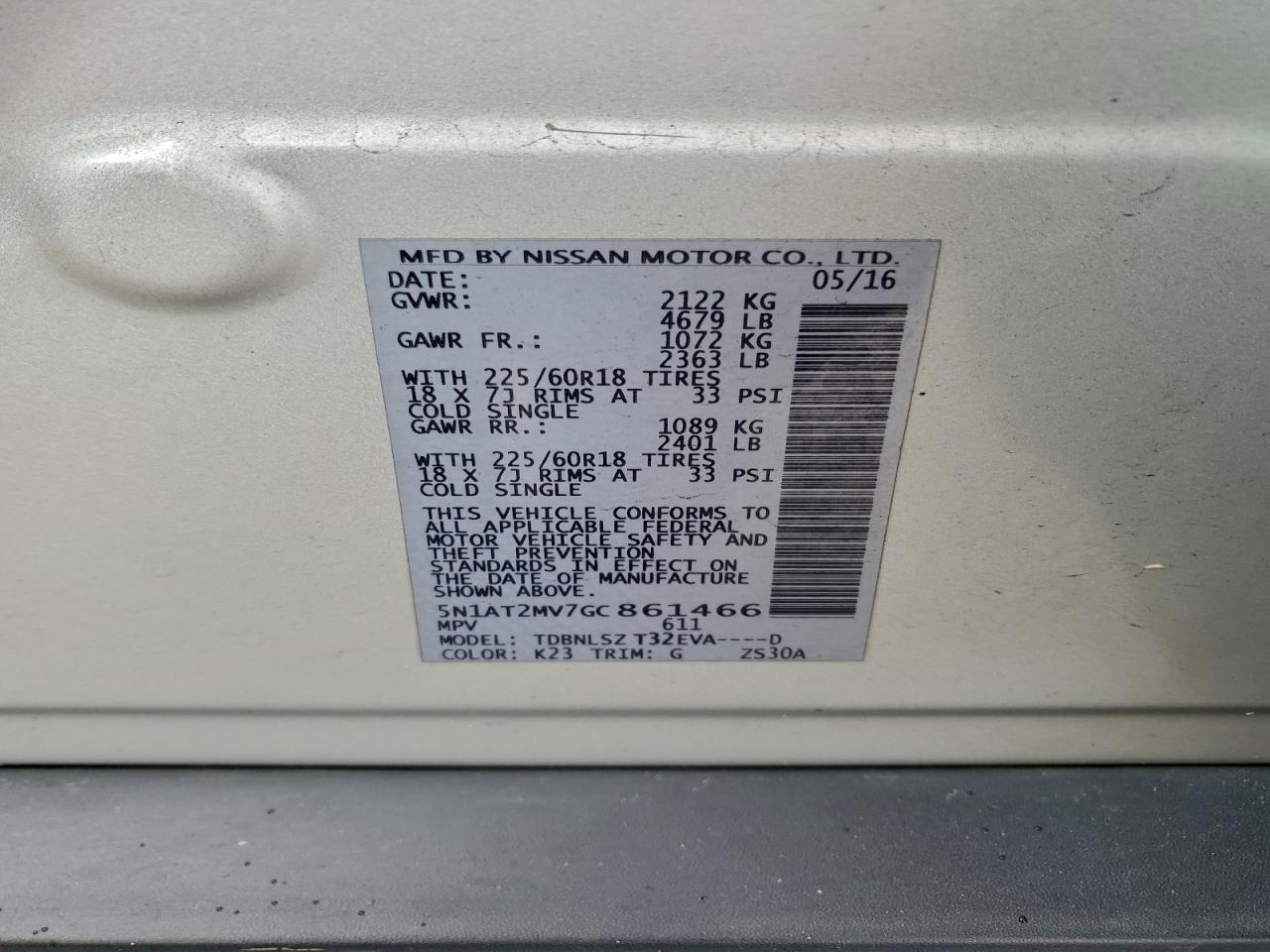 2016 Nissan Rogue S VIN: 5N1AT2MV7GC861466 Lot: 93953995