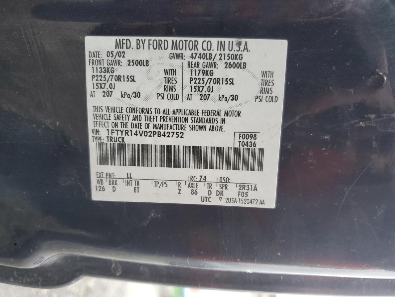 2002 Ford Ranger Super Cab VIN: 1FTYR14V02PB42752 Lot: 91817405