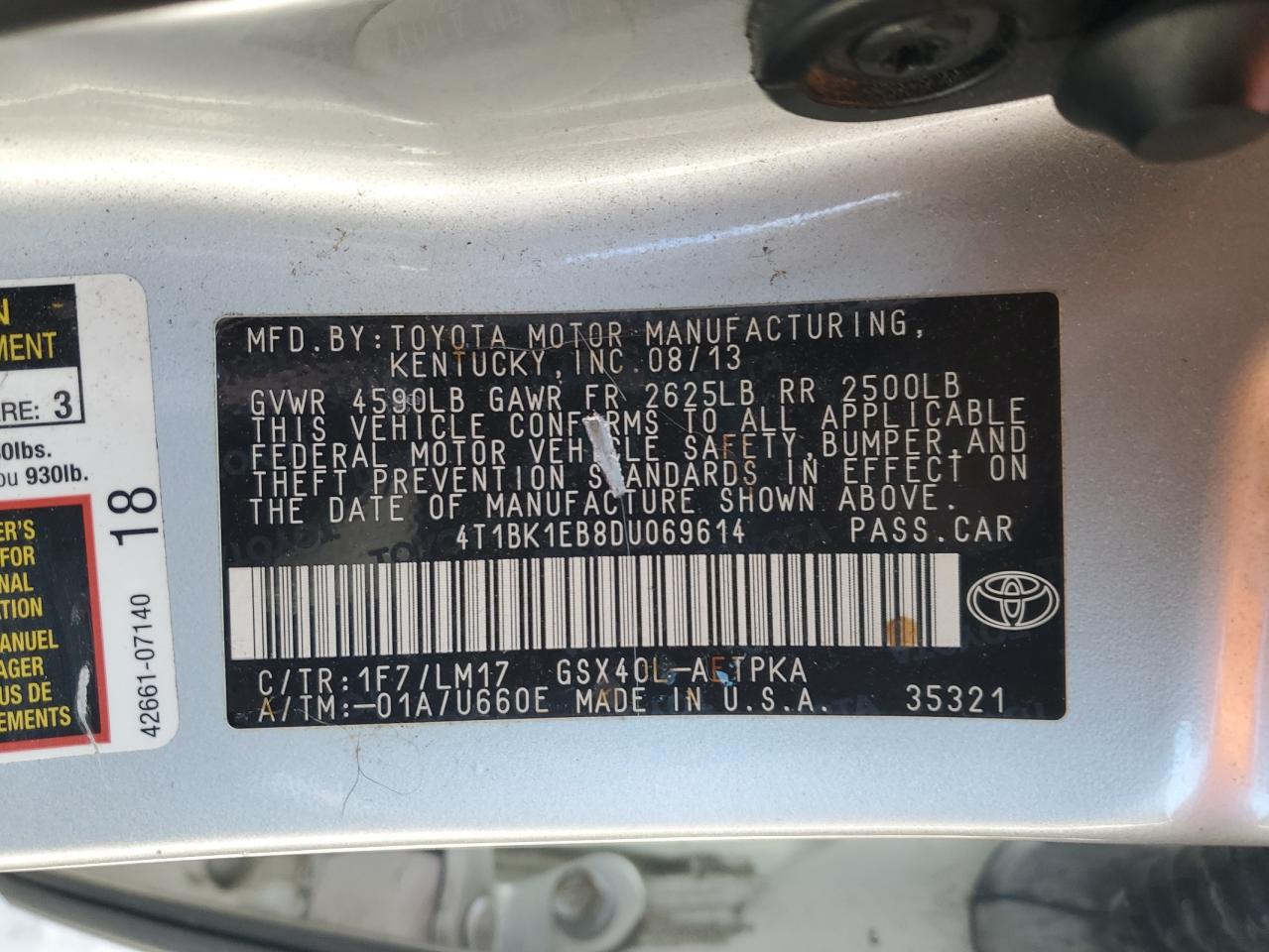 2013 Toyota Avalon Base VIN: 4T1BK1EB8DU069614 Lot: 91711455