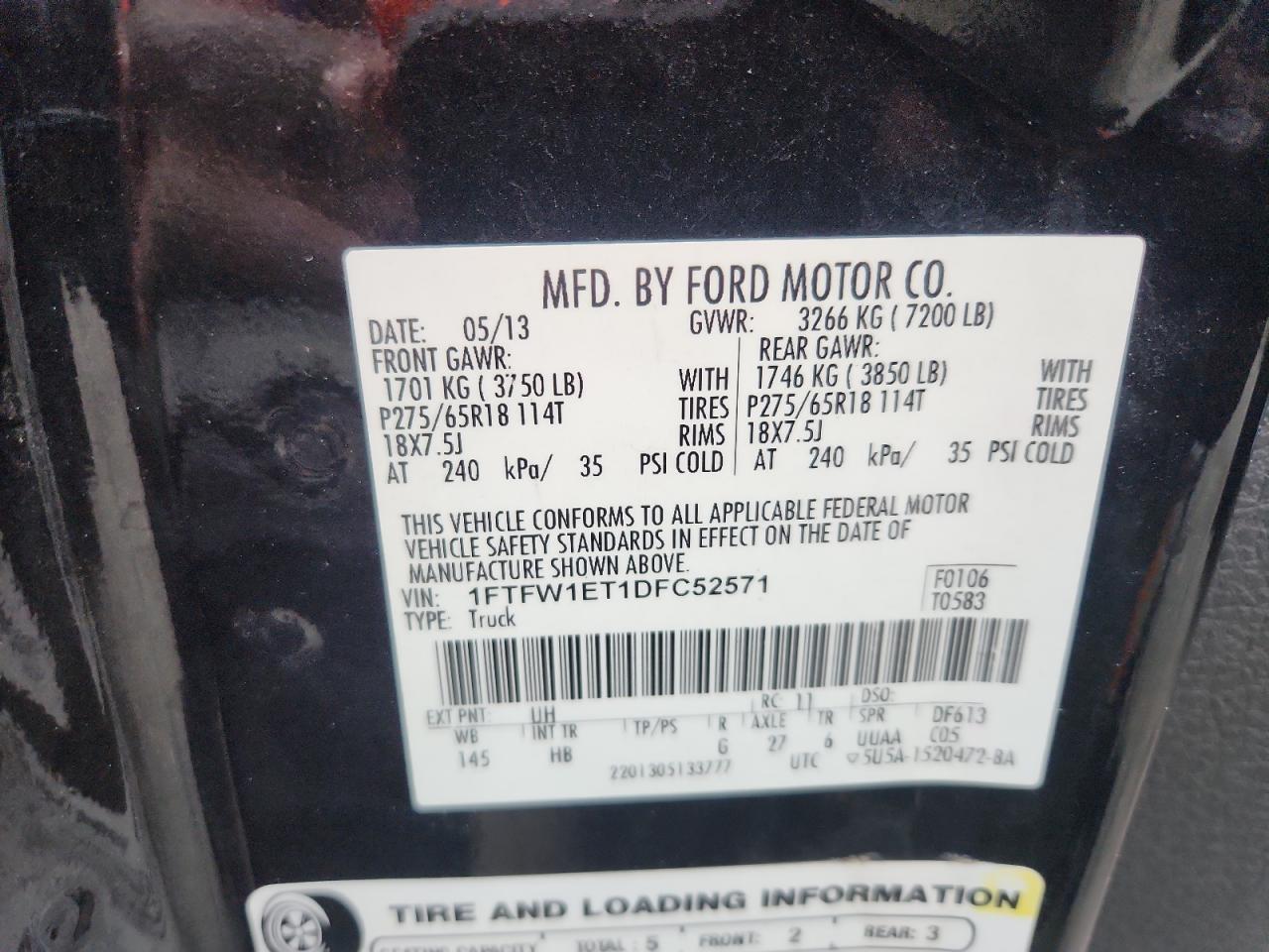 2013 Ford F150 Supercrew VIN: 1FTFW1ET1DFC52571 Lot: 90657105