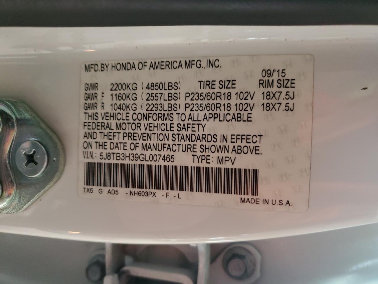 2016 Acura Rdx VIN: 5J8TB3H39GL007465 Lot: 93308925