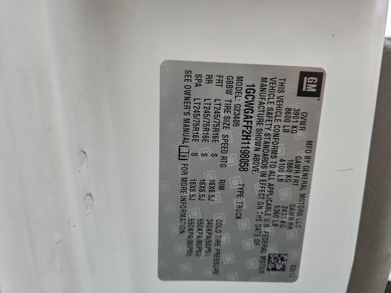 2017 Chevrolet Express G2500 VIN: 1GCWGAFF2H1198058 Lot: 93830345