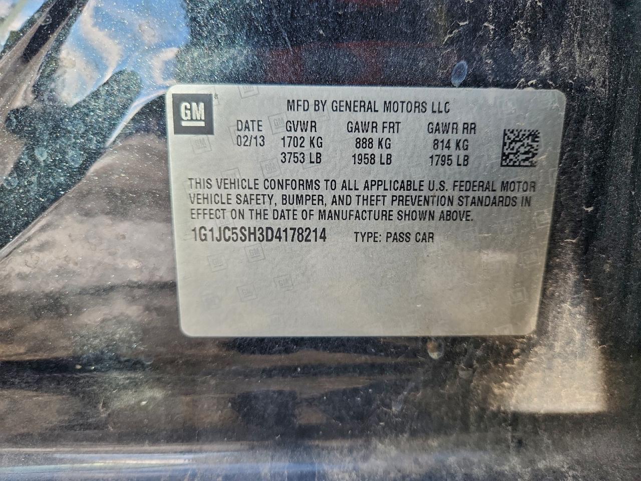 2013 Chevrolet Sonic Lt VIN: 1G1JC5SH3D4178214 Lot: 93252065