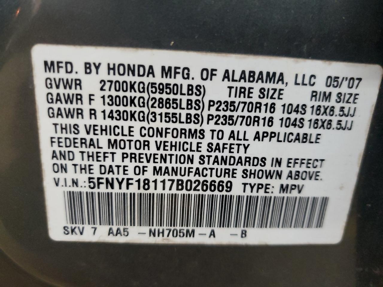 2007 Honda Pilot Lx VIN: 5FNYF18117B026669 Lot: 93812385
