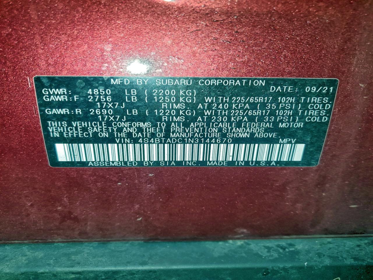 2022 Subaru Outback Premium VIN: 4S4BTADC1N3144670 Lot: 93404905