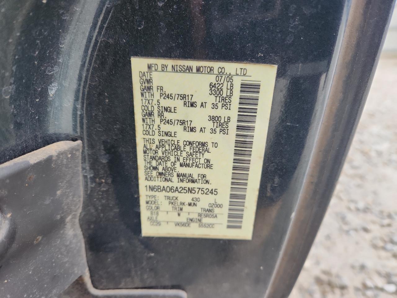 2005 Nissan Titan Xe VIN: 1N6BA06A25N575245 Lot: 91029475