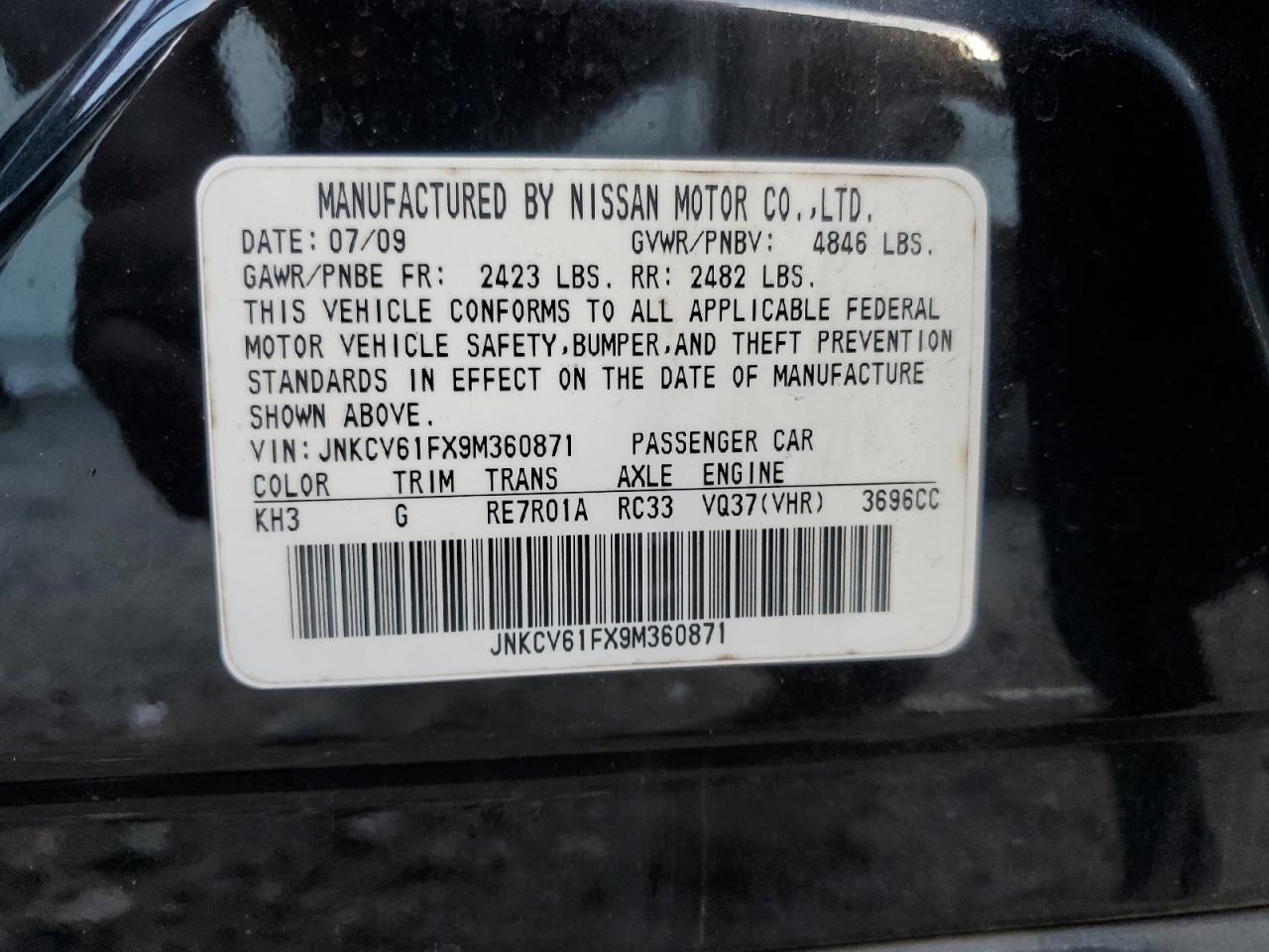 2023 Infiniti G37 VIN: JNKCV61FX9M360871 Lot: 92847395