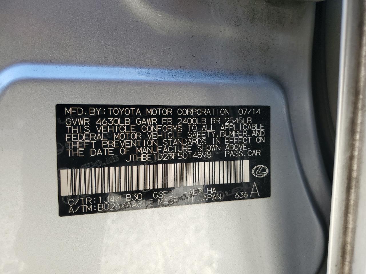 2015 Lexus Is 350 VIN: JTHBE1D23F5014898 Lot: 91943155