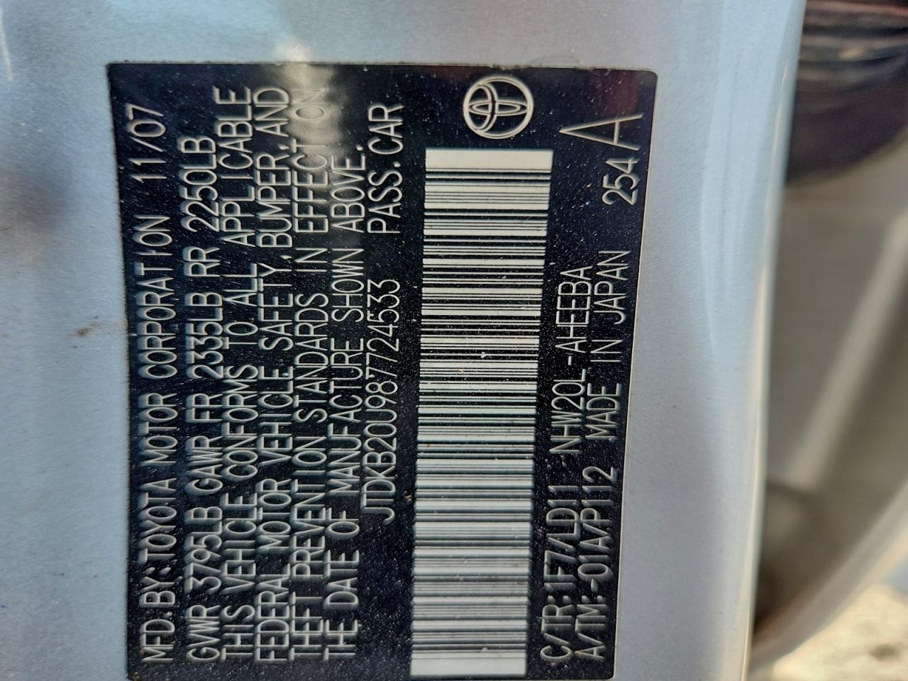 2008 Toyota Prius VIN: JTDKB20U987724533 Lot: 93847765