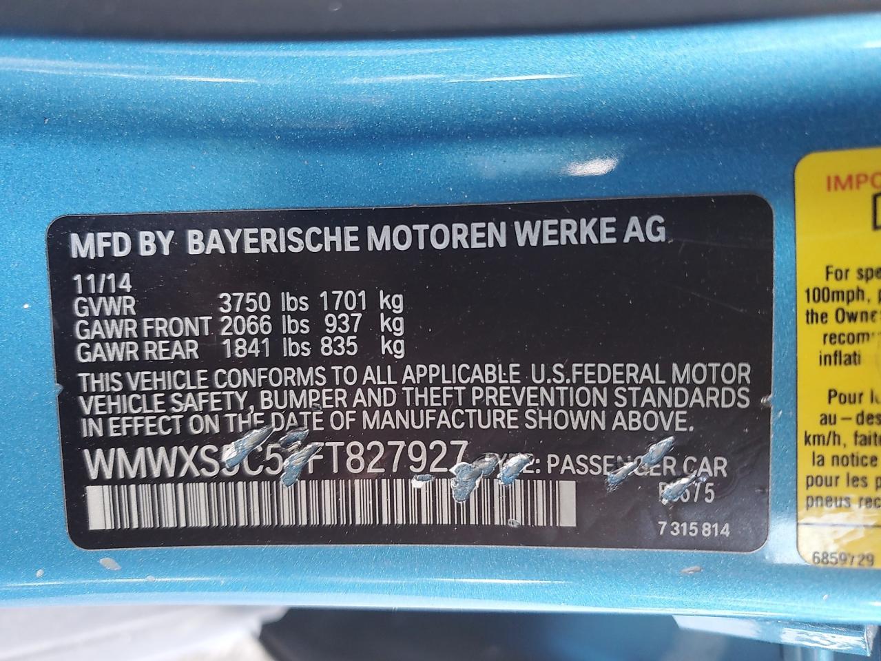 2015 Mini Cooper VIN: WMWXS5C51FT827927 Lot: 92030135