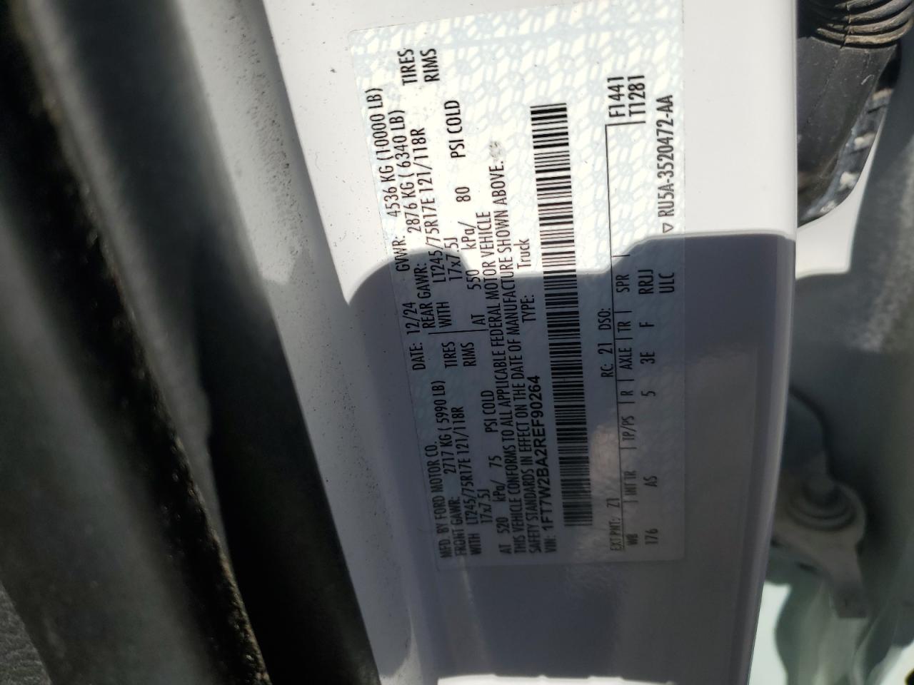 2024 Ford F250 Super Duty VIN: 1FT7W2BA2REF90264 Lot: 91197175