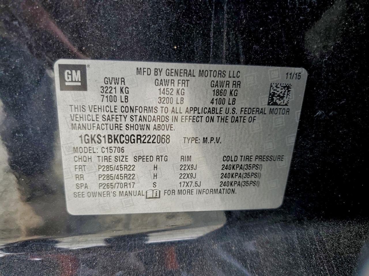 2016 GMC Yukon Slt VIN: 1GKS1BKC9GR222068 Lot: 94029315