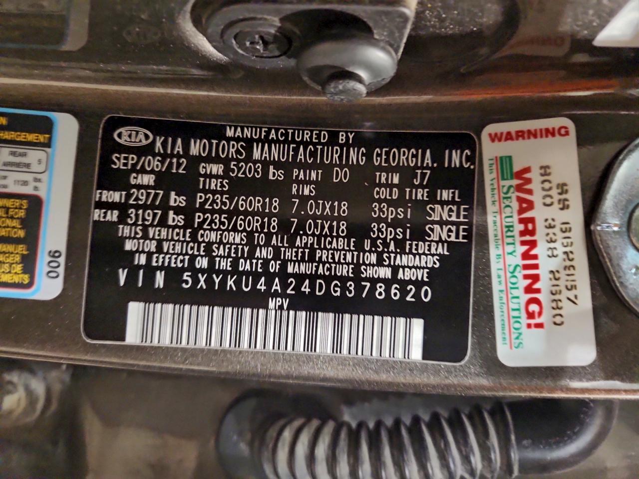 2013 Kia Sorento Ex VIN: 5XYKU4A24DG378620 Lot: 93833825