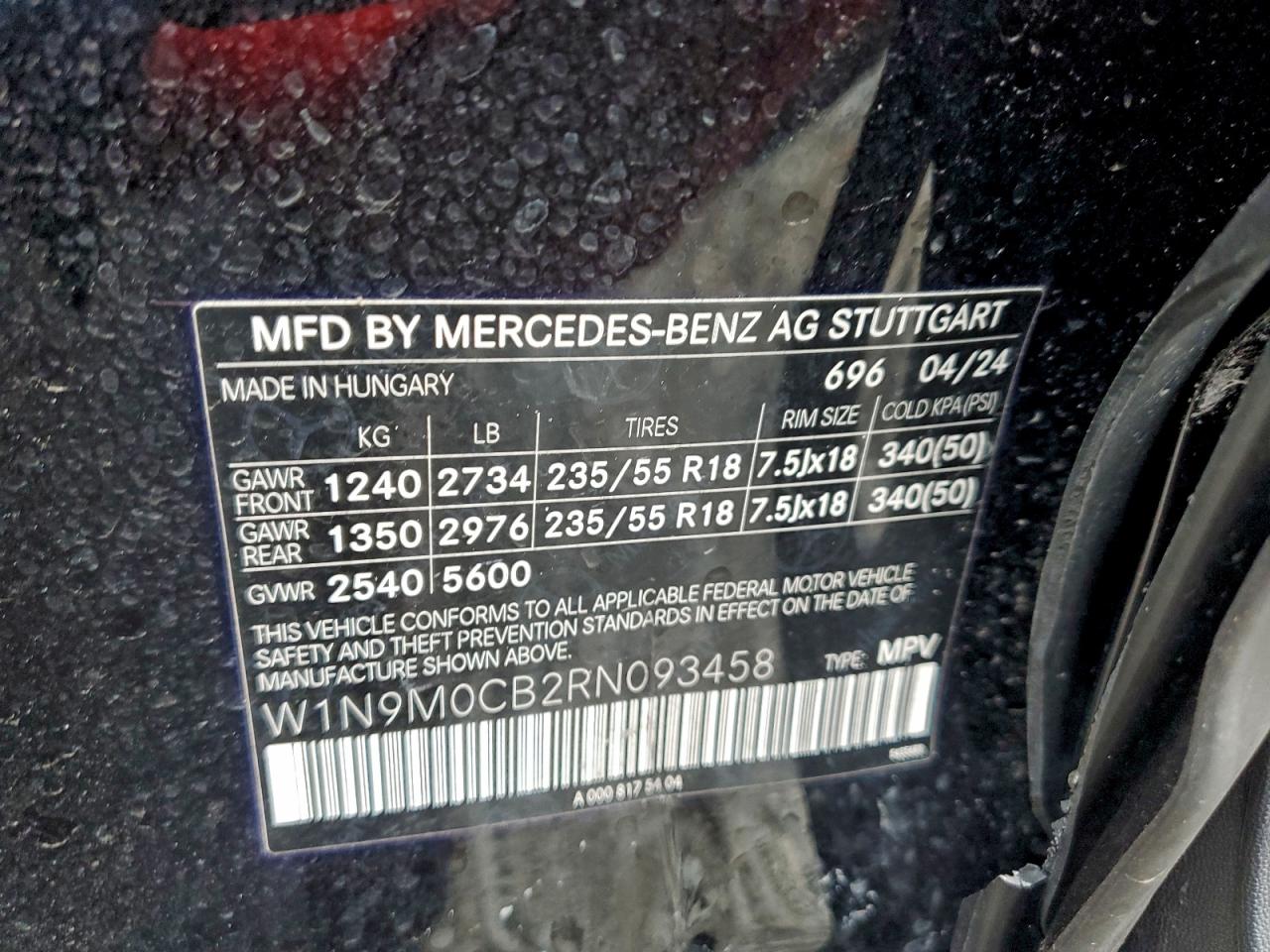 2024 Mercedes-Benz Eqb 250+ VIN: W1N9M0CB2RN093458 Lot: 93649335