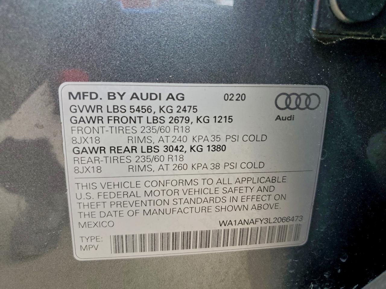 2020 Audi Q5 Premium VIN: WA1ANAFY3L2066473 Lot: 93331255