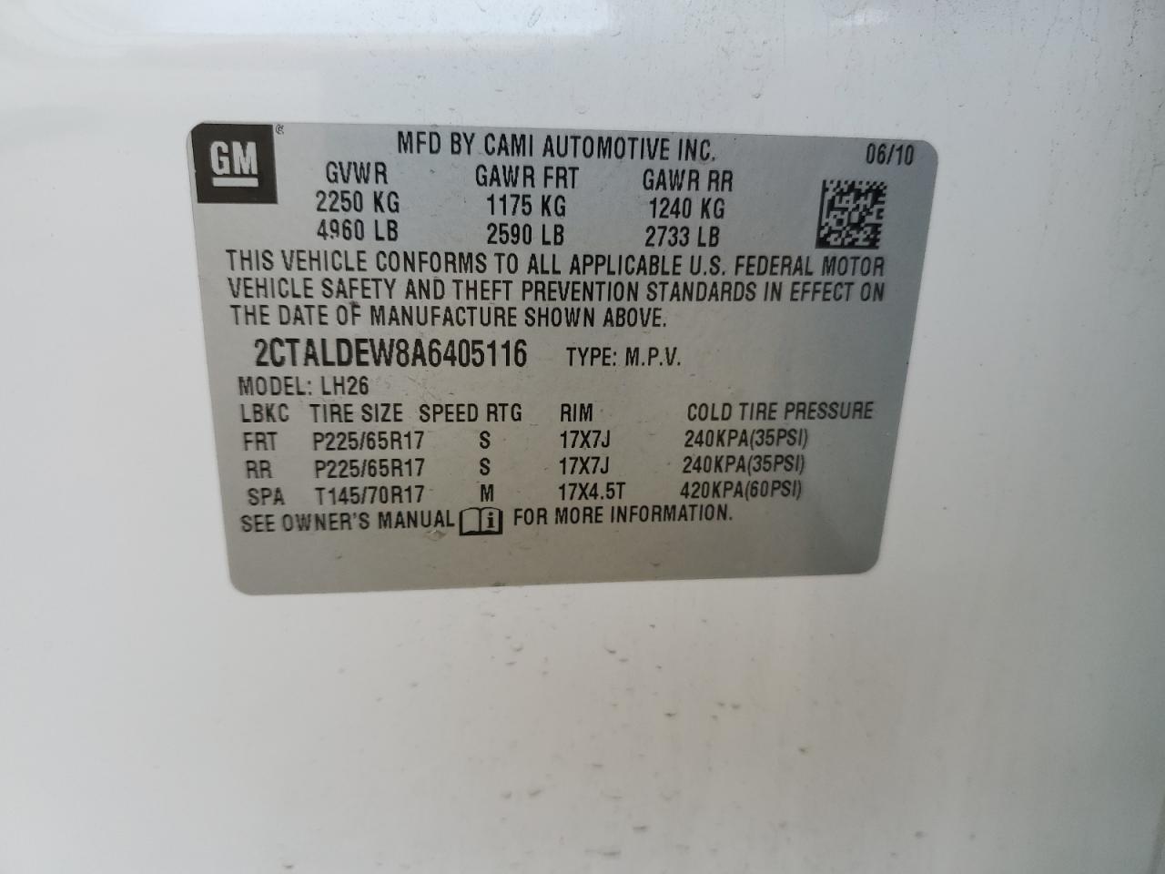 2010 GMC Terrain Sle VIN: 2CTALDEW8A6405116 Lot: 93086915