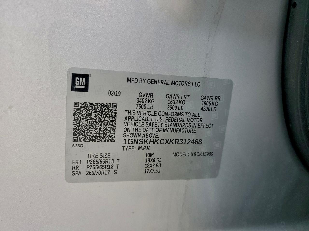 2019 Chevrolet Suburban K1500 Lt VIN: 1GNSKHKCXKR312468 Lot: 94112375