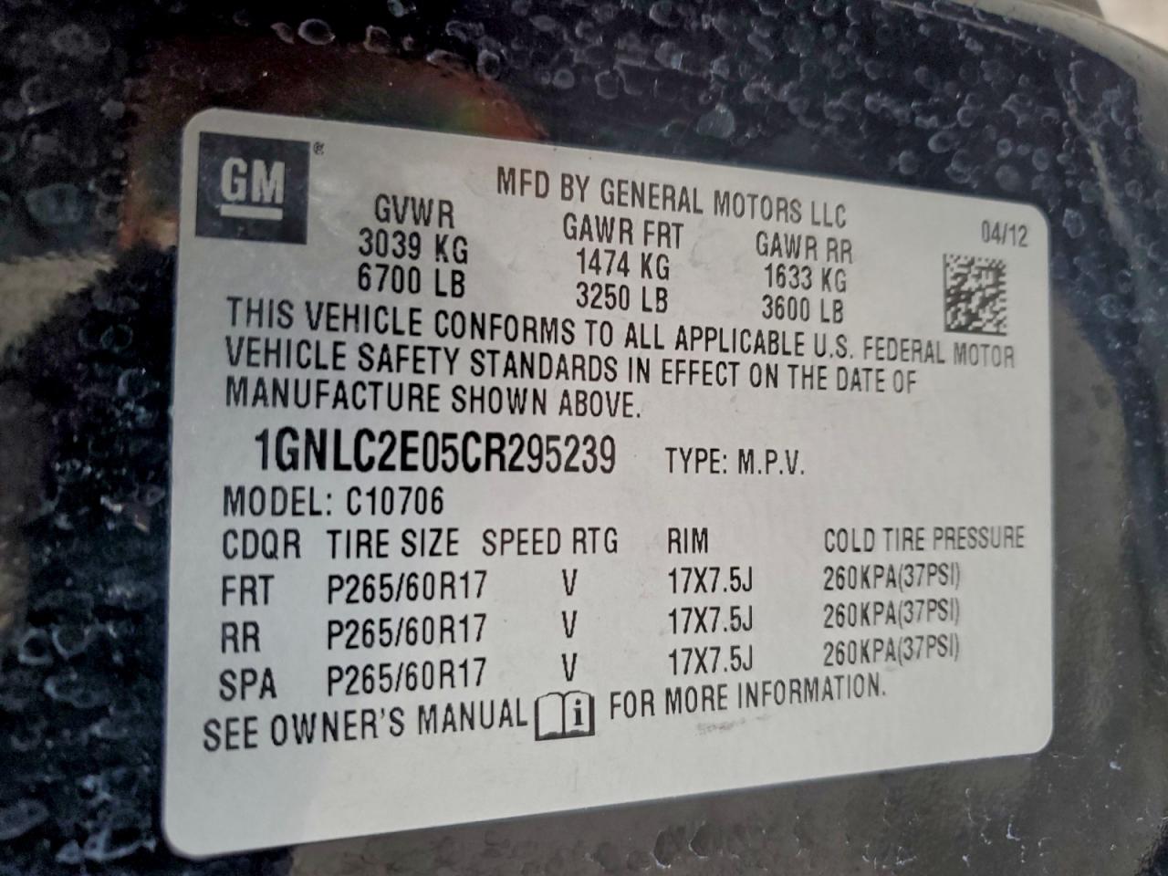 2012 Chevrolet Tahoe Police VIN: 1GNLC2E05CR295239 Lot: 94051935