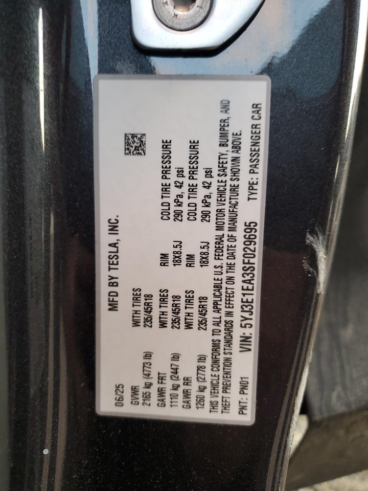 2025 Tesla Model 3 VIN: 5YJ3E1EA3SF029695 Lot: 92460605