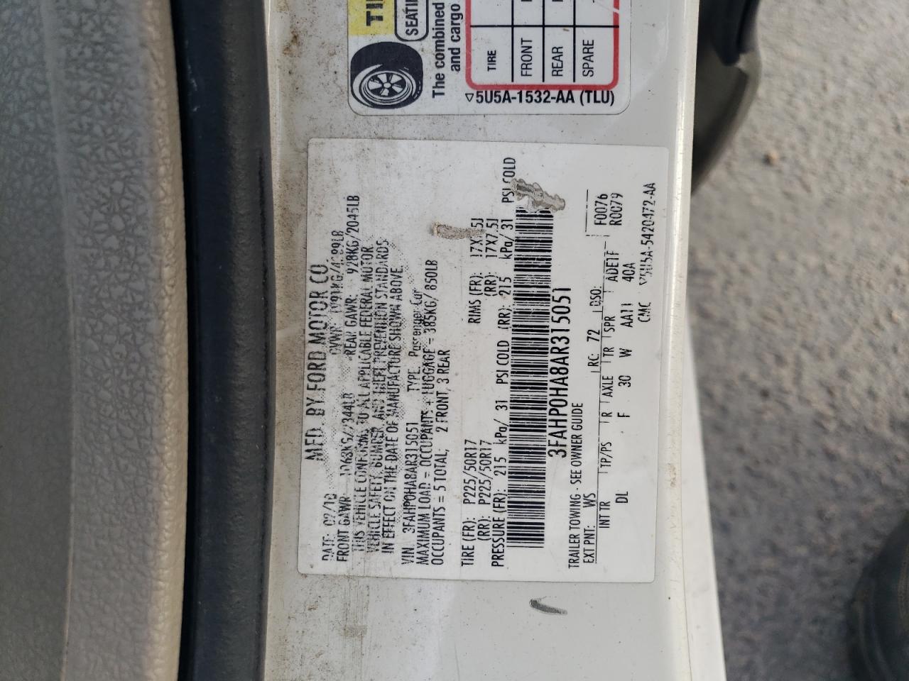 2010 Ford Fusion Se VIN: 3FAHP0HA8AR315051 Lot: 91830005