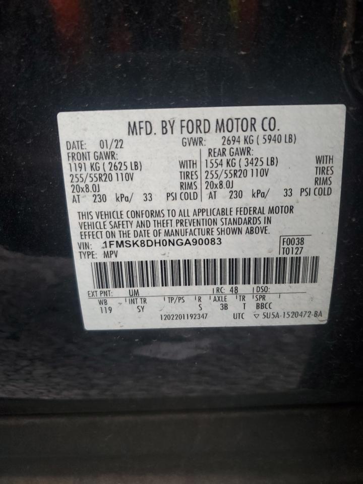 2022 Ford Explorer Xlt VIN: 1FMSK8DH0NGA90083 Lot: 93345185