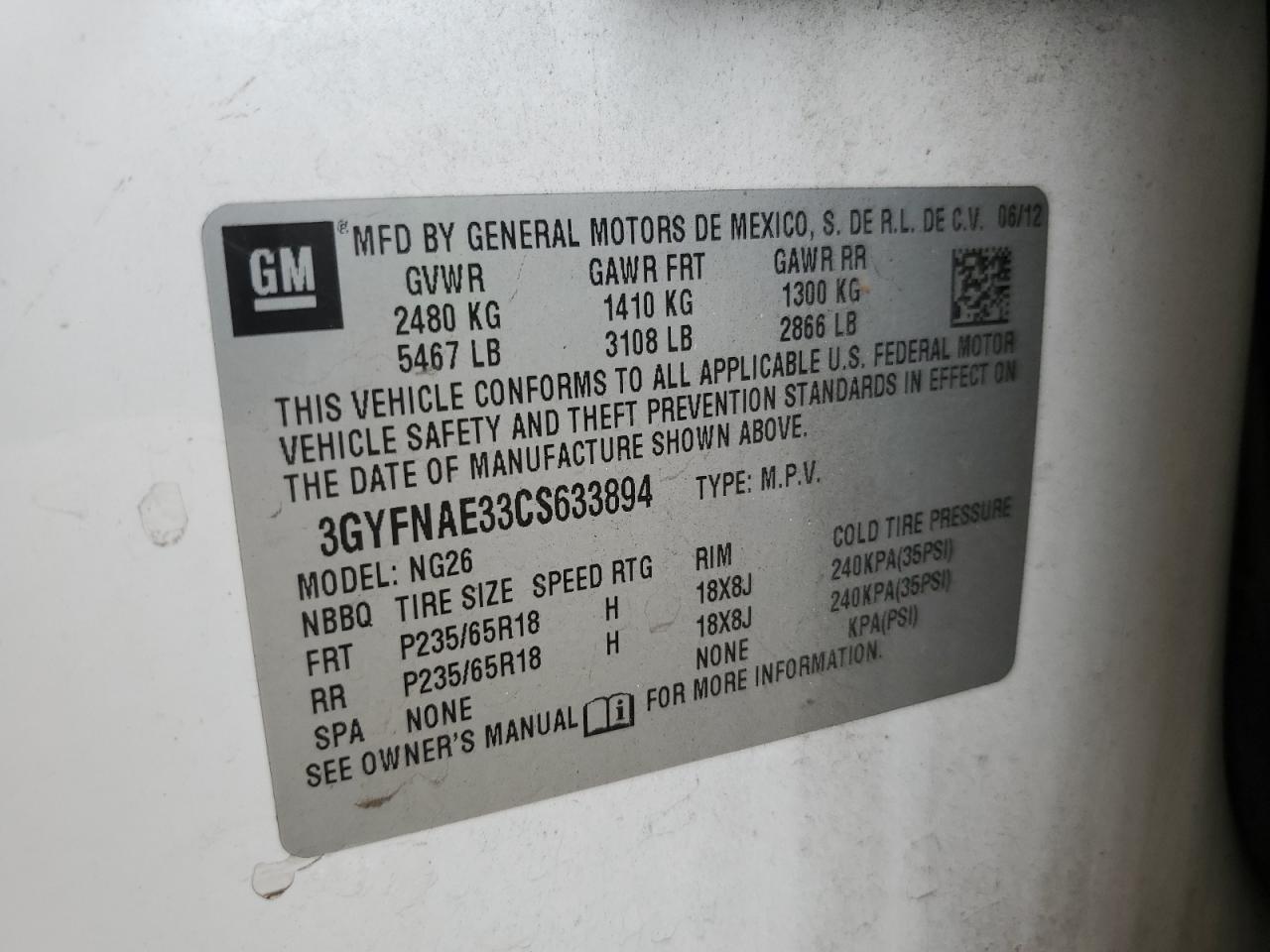 2012 Cadillac Srx Luxury Collection VIN: 3GYFNAE33CS633894 Lot: 93250165